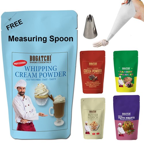 BOGATCHI Whipping Cream Powder-180g | FREE Rainbow Sprinkles + Butterscotch nut + Tutty Fruity + Cocoa Powder, 50g 